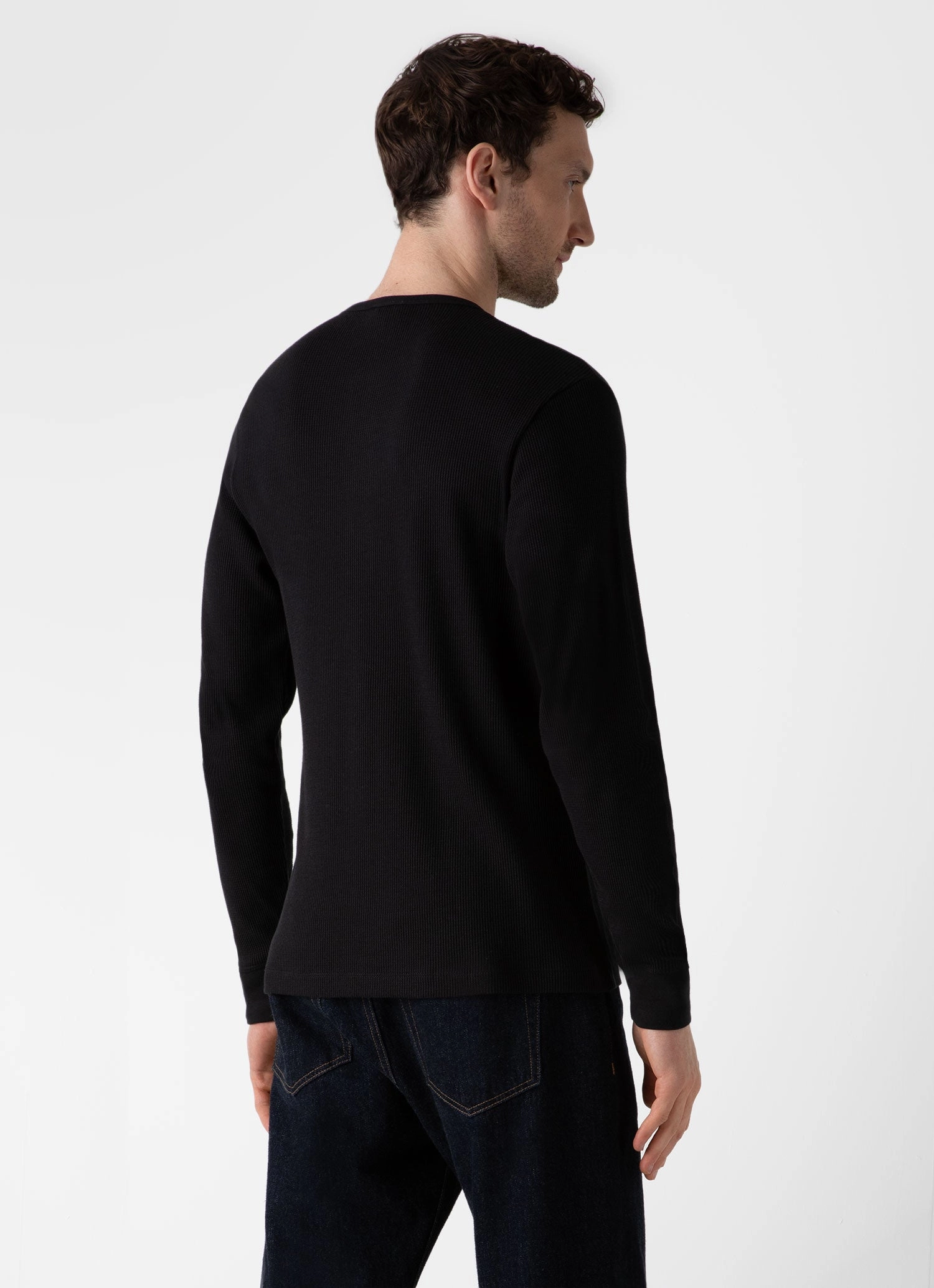Men's masculinity Stretchable Collar Band Men's Long Sleeve Waffle Henley in Black
