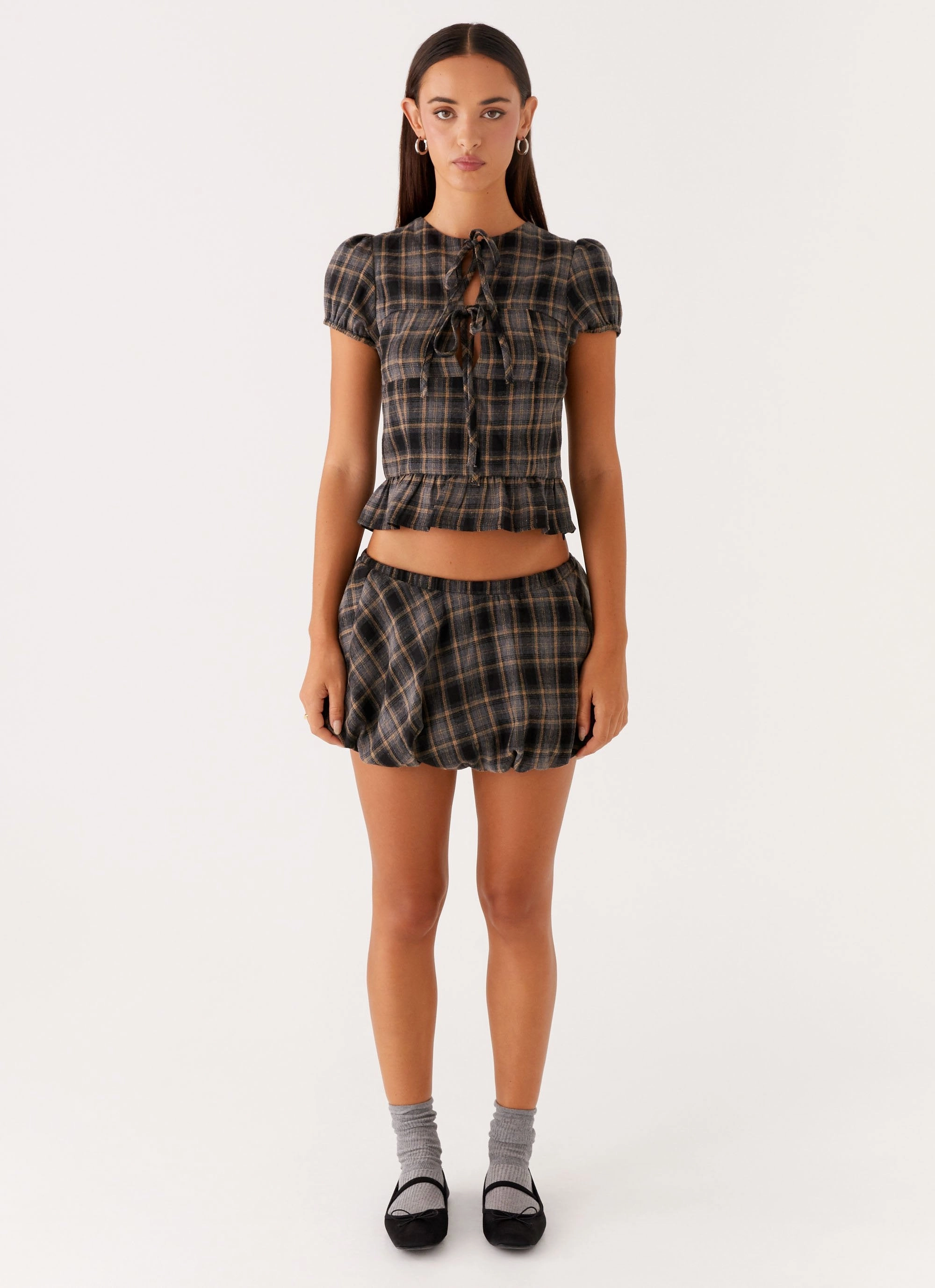 Lucia Mini Skirt - Brown Check Casual Fit Design
