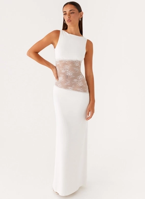 Lucinda Maxi Dress - White Denim Gear Lucinda Maxi Dress - White Stylish Vibe Satin Layers