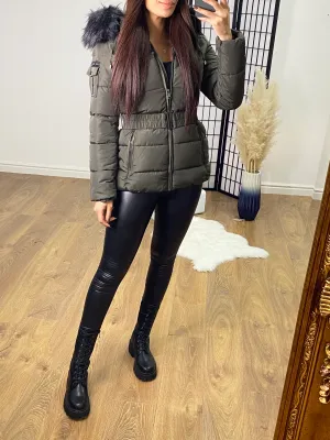 Lucy Khaki Padded Faux Fur Hooded Coat