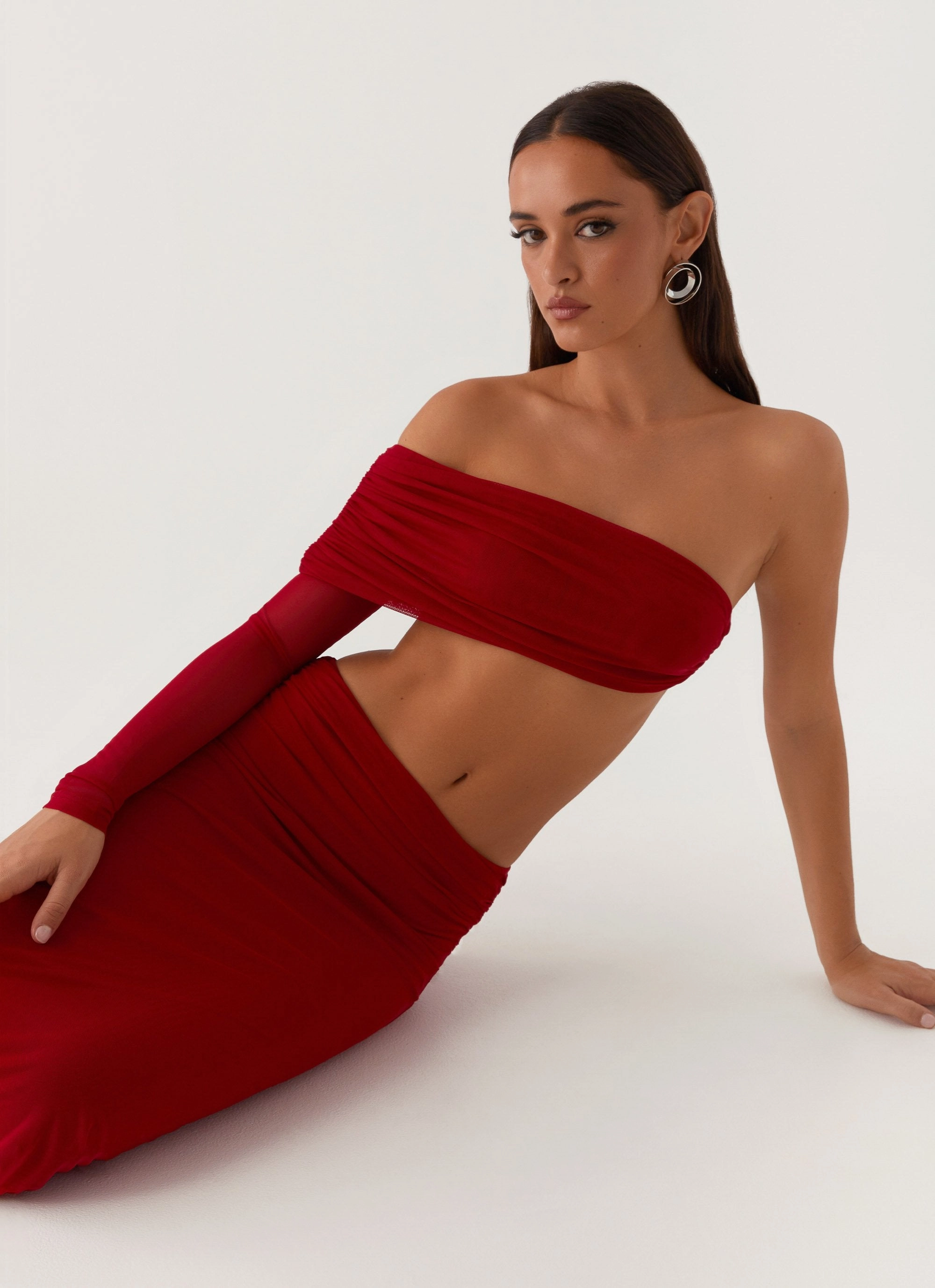 Luella One Shoulder Top - Red Stretch Comfort Interlock Weave