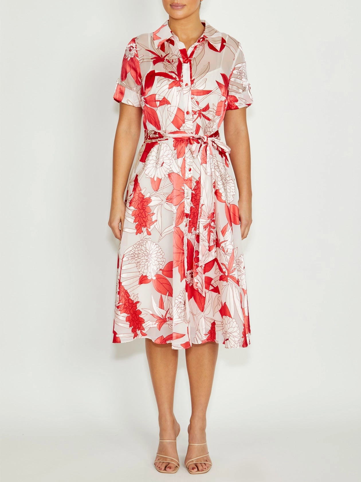 Sadie Vermilion Floral Shirtdress Flattering and Effortless