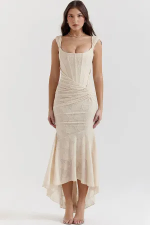 Luxury Textured Floral Ruched Corset Sleeveless Fishtail Evening Dress - Cream