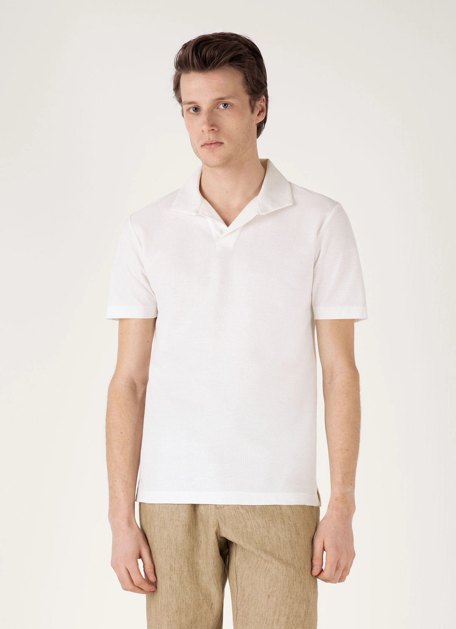 Relaxed Comfort Office Attire Men's Textured Jersey Polo Shirt in Ecru