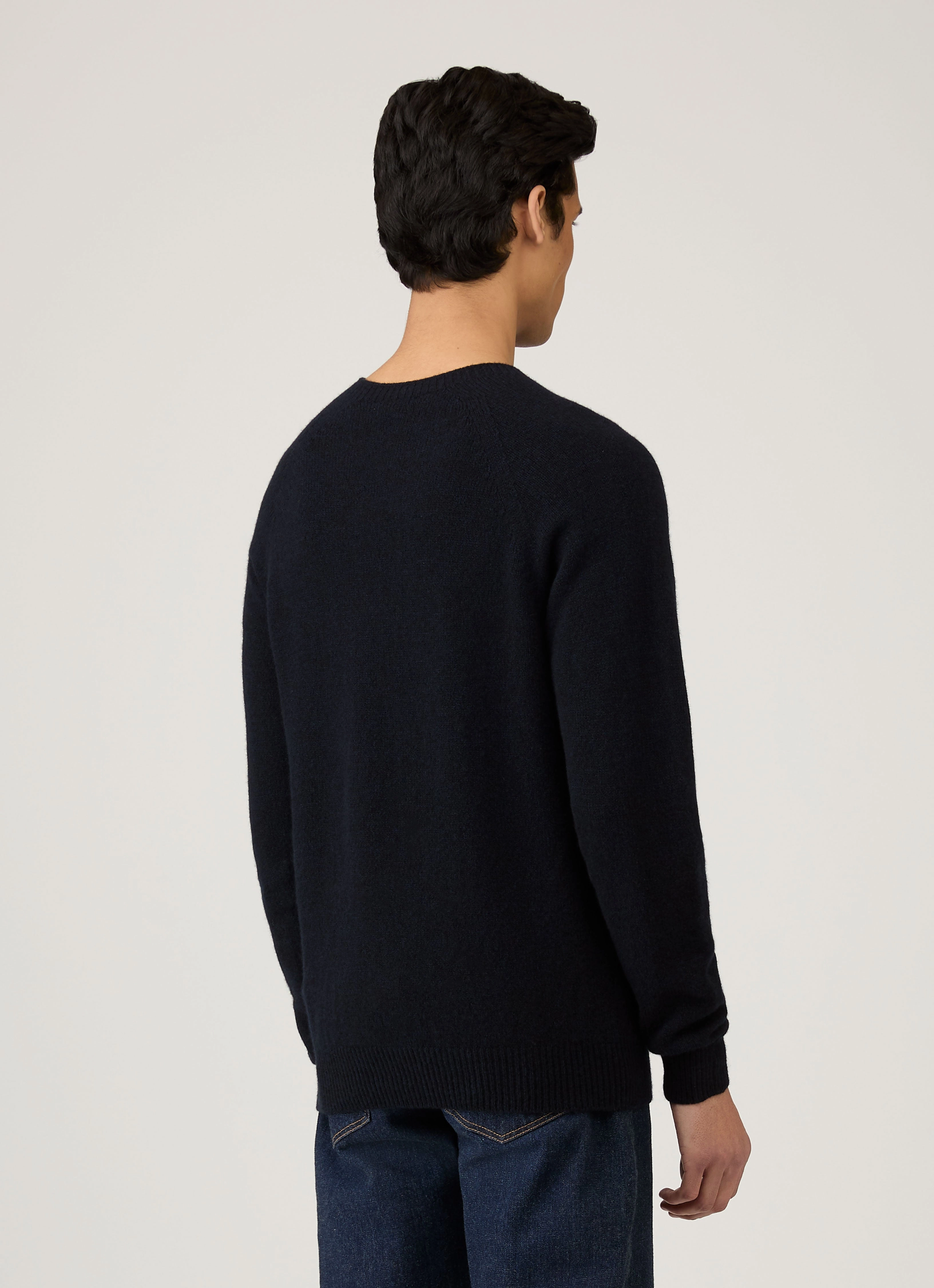 Zigzag Stitch Detail DoubleLayered Edging Men's Lambswool Crew Neck Jumper in Dark Navy Mouline