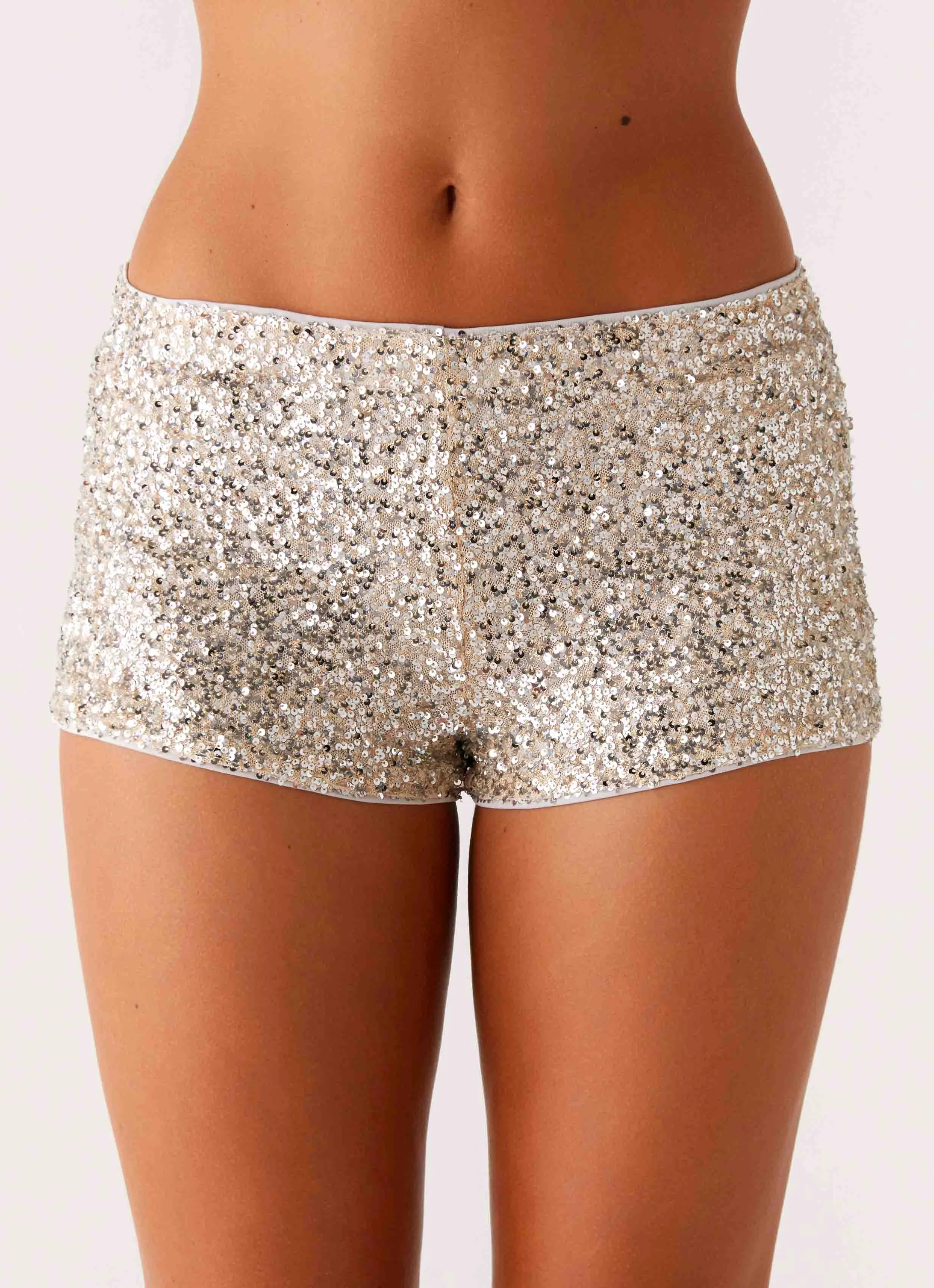 Recycled Polyester Blend Sporty Look Maelis Low Rise Sequin Mini Shorts - Silver