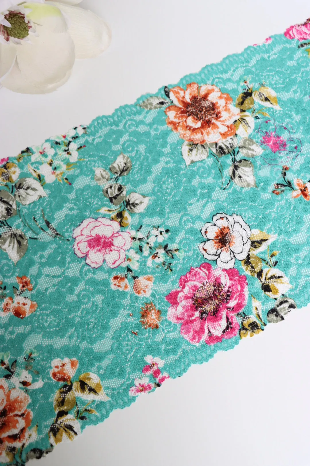 Magenta & Copper Floral On Seafoam 10.75" Wide Stretch Lace