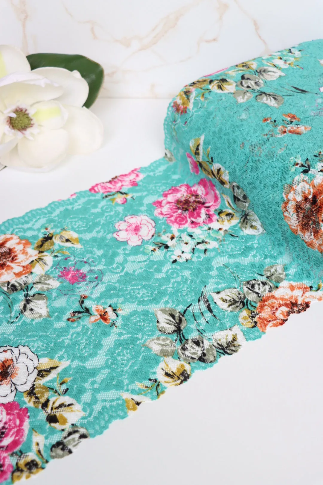Magenta & Copper Floral On Seafoam 10.75" Wide Stretch Lace
