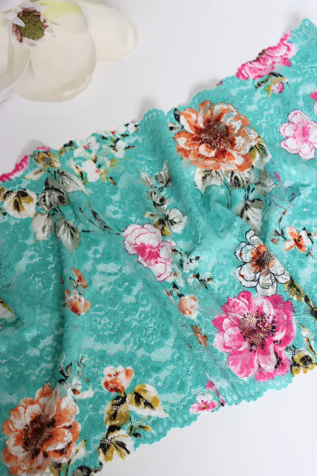 Magenta & Copper Floral On Seafoam 10.75" Wide Stretch Lace