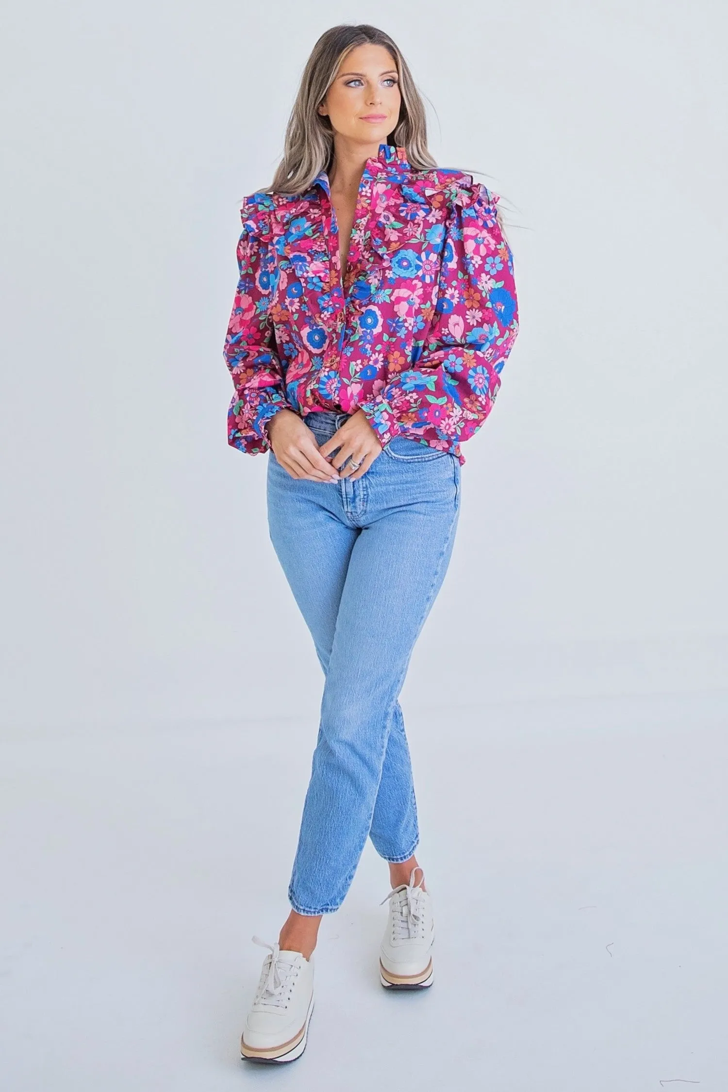Magenta London Floral Button Top
