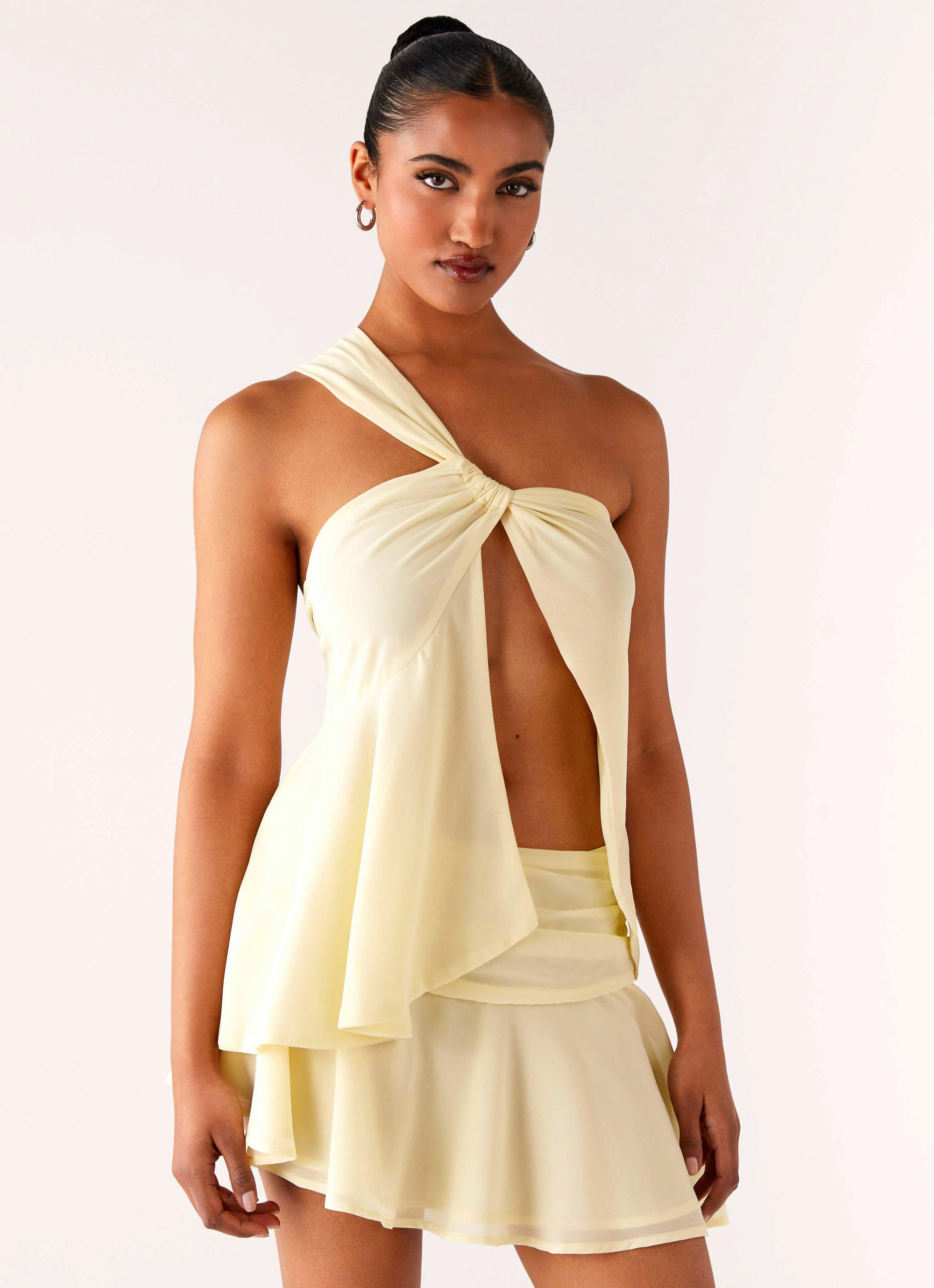 Snag Proof Weave VentilatedBackPanel Delight Me Asymmetrical Top - Yellow