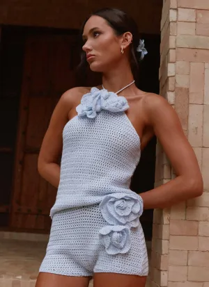 Maia Rose Crochet Mini Shorts - Baby Blue Reflective accents Street Comfort Maia Rose Crochet Mini Shorts - Baby Blue