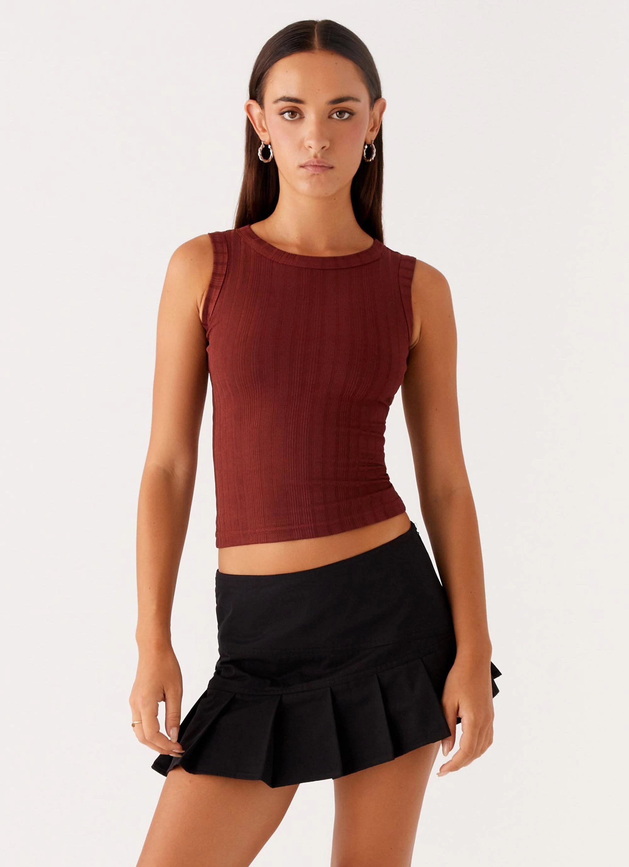 Malene Ribbed Top - Brown Elasticated Trim
