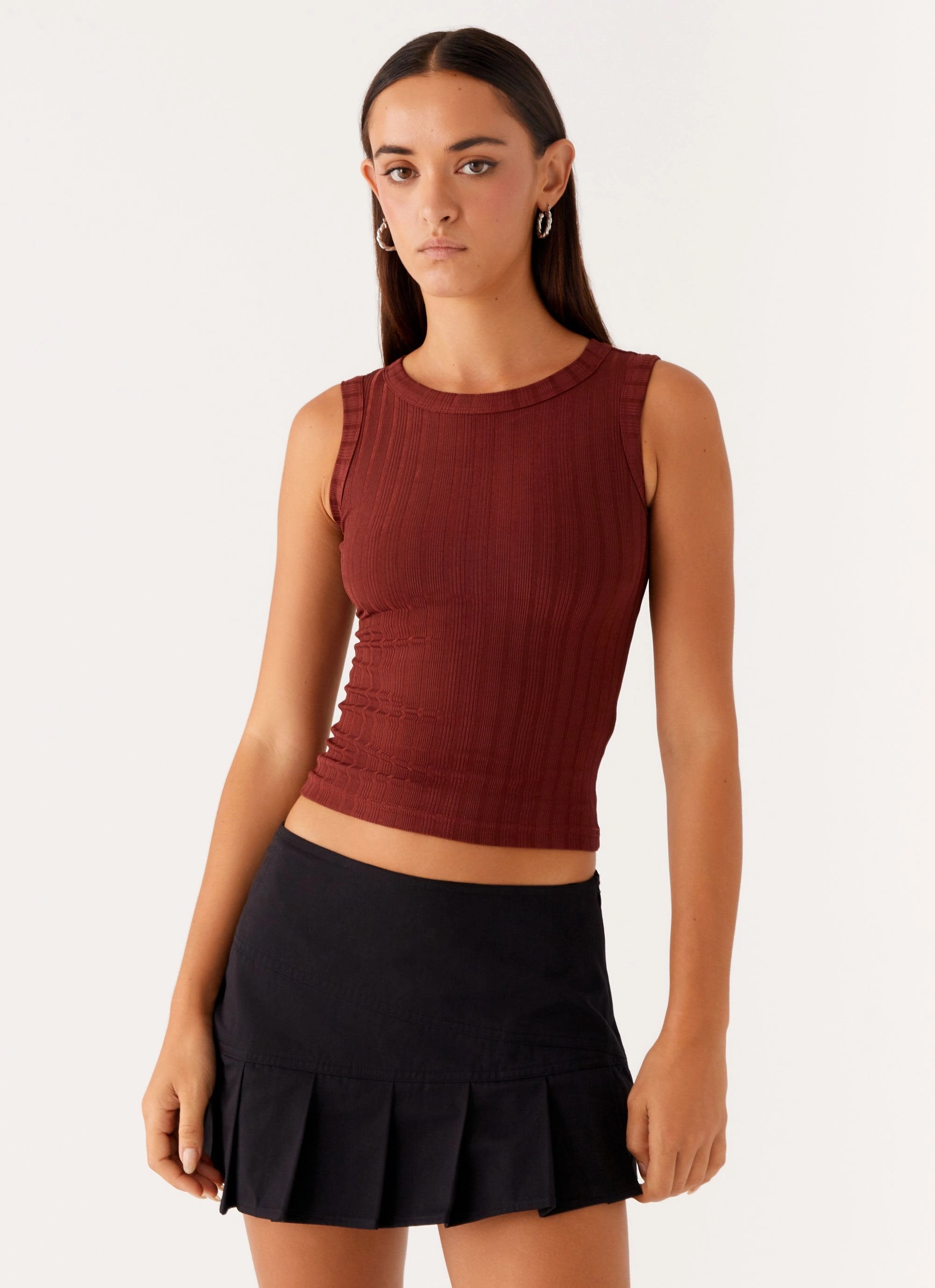 Flexible Waistband Malene Ribbed Top - Brown