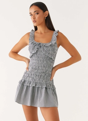 Mali Shirred Mini Dress - Checker Flattering Fit Mali Shirred Mini Dress - Checker Timeless Look
