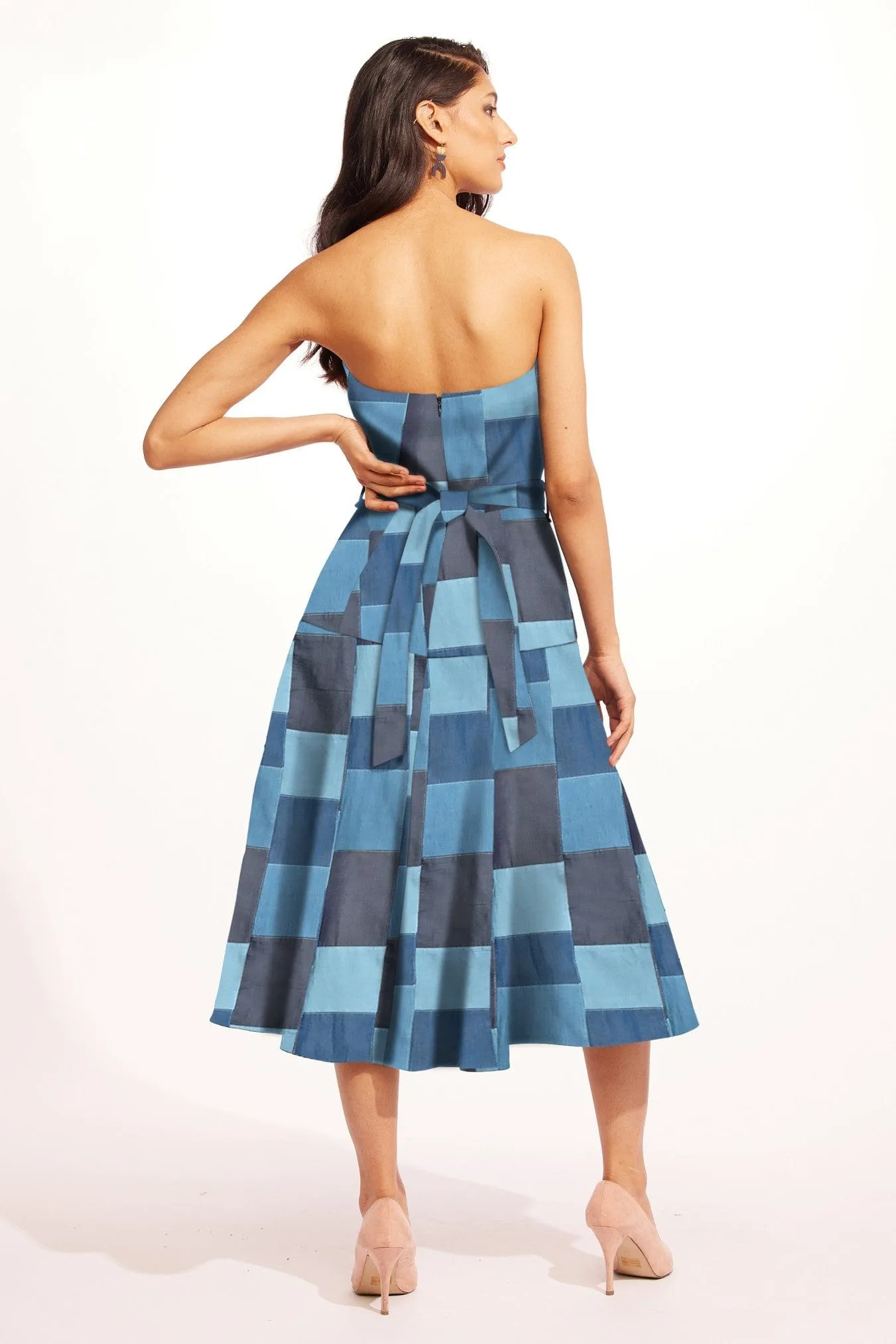 Sleek Texture Mandoline Dress - Denim Patchwork