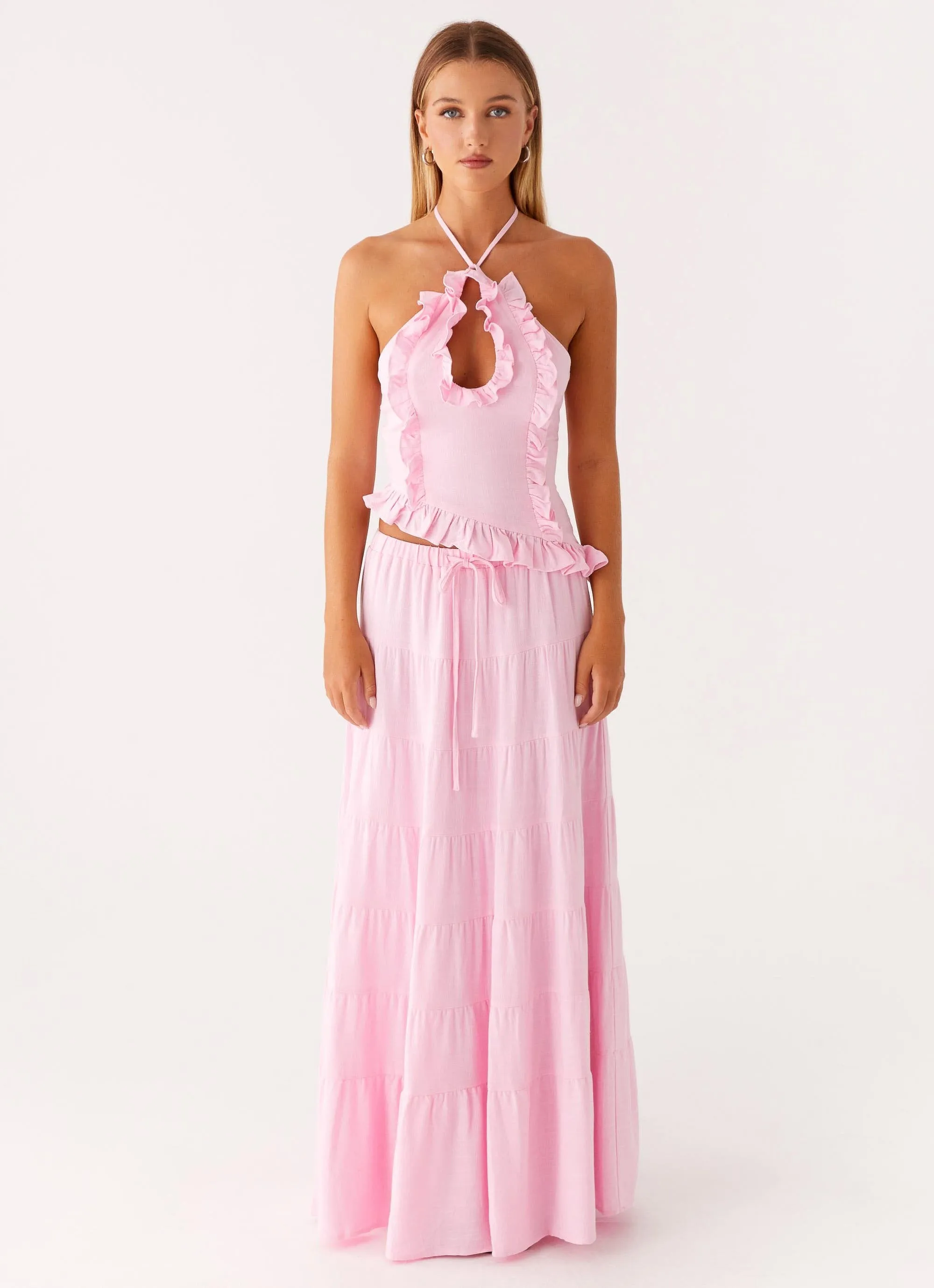 ReflectiveAccentDetails Comfort Fit Mariella Linen Maxi Skirt - Pink