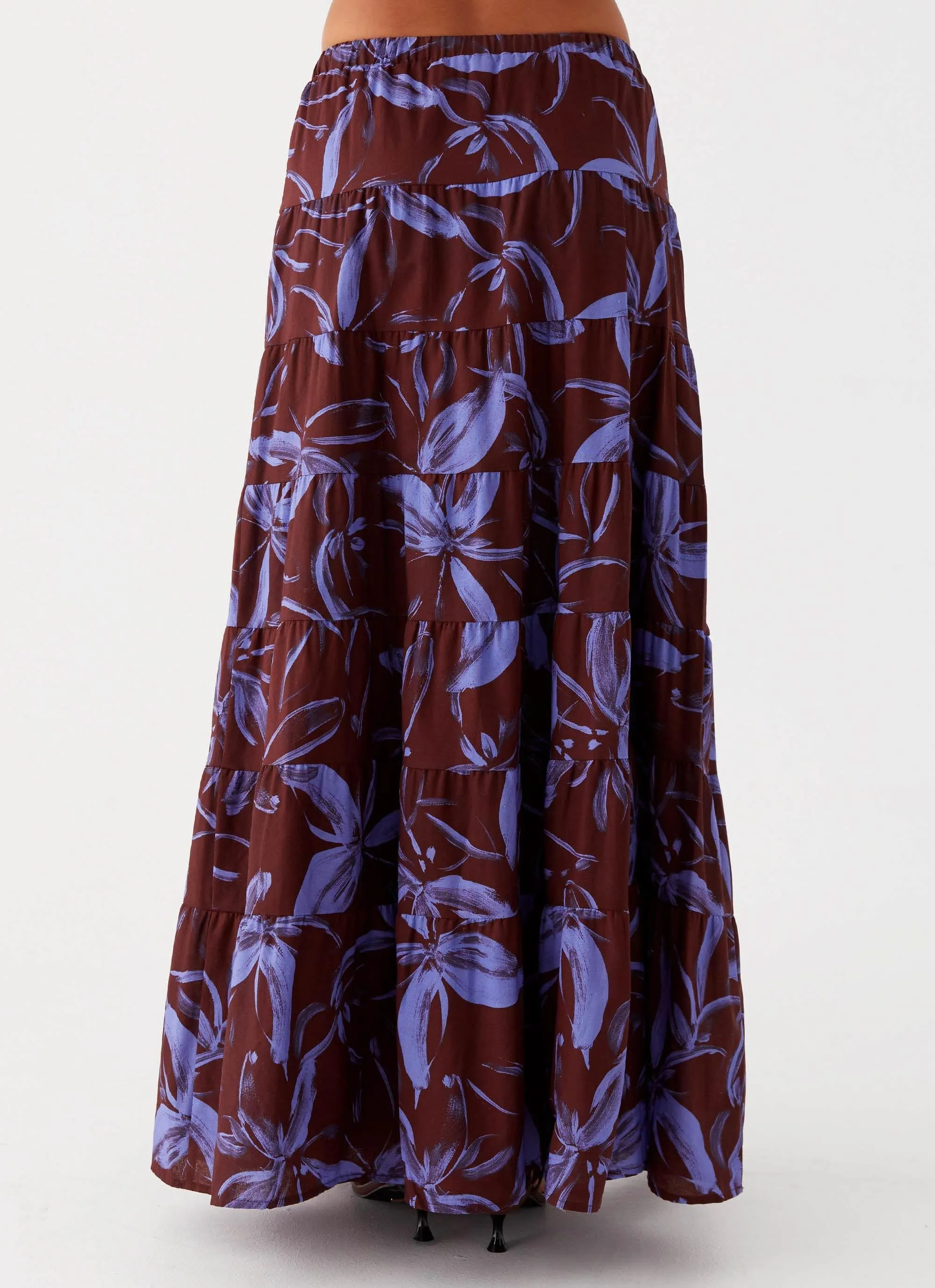 Low Bulk Design Flexible Fit Mariella Linen Maxi Skirt - Purple Brown Floral