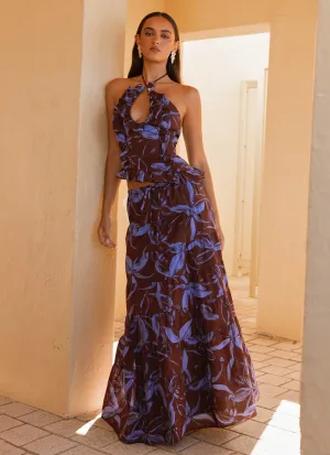 Mariella Linen Maxi Skirt - Purple Brown Floral Sporty Chic Mariella Linen Maxi Skirt - Purple Brown Floral Neutral Fit