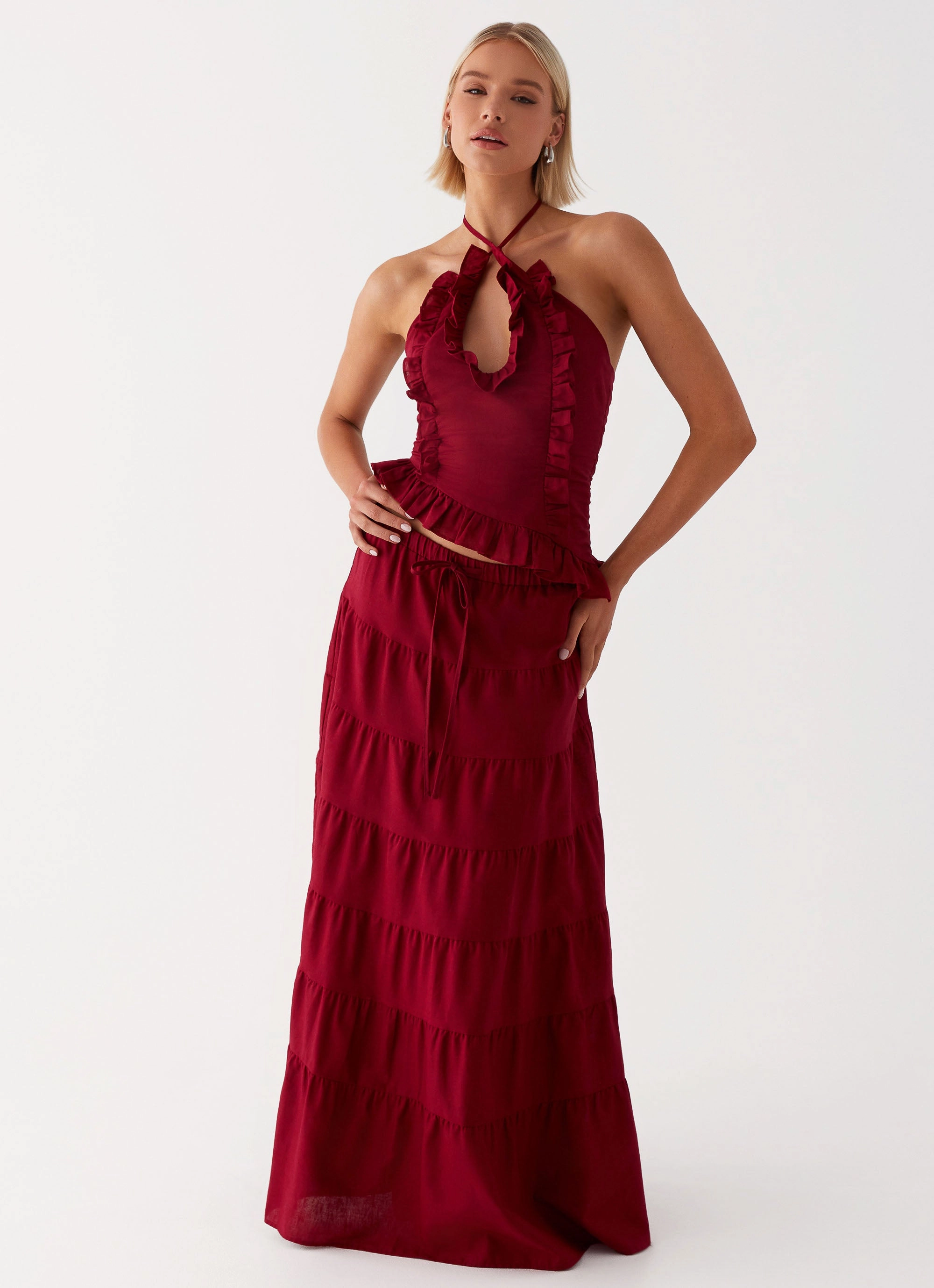 Jewel Tones Mariella Linen Maxi Skirt - Maroon