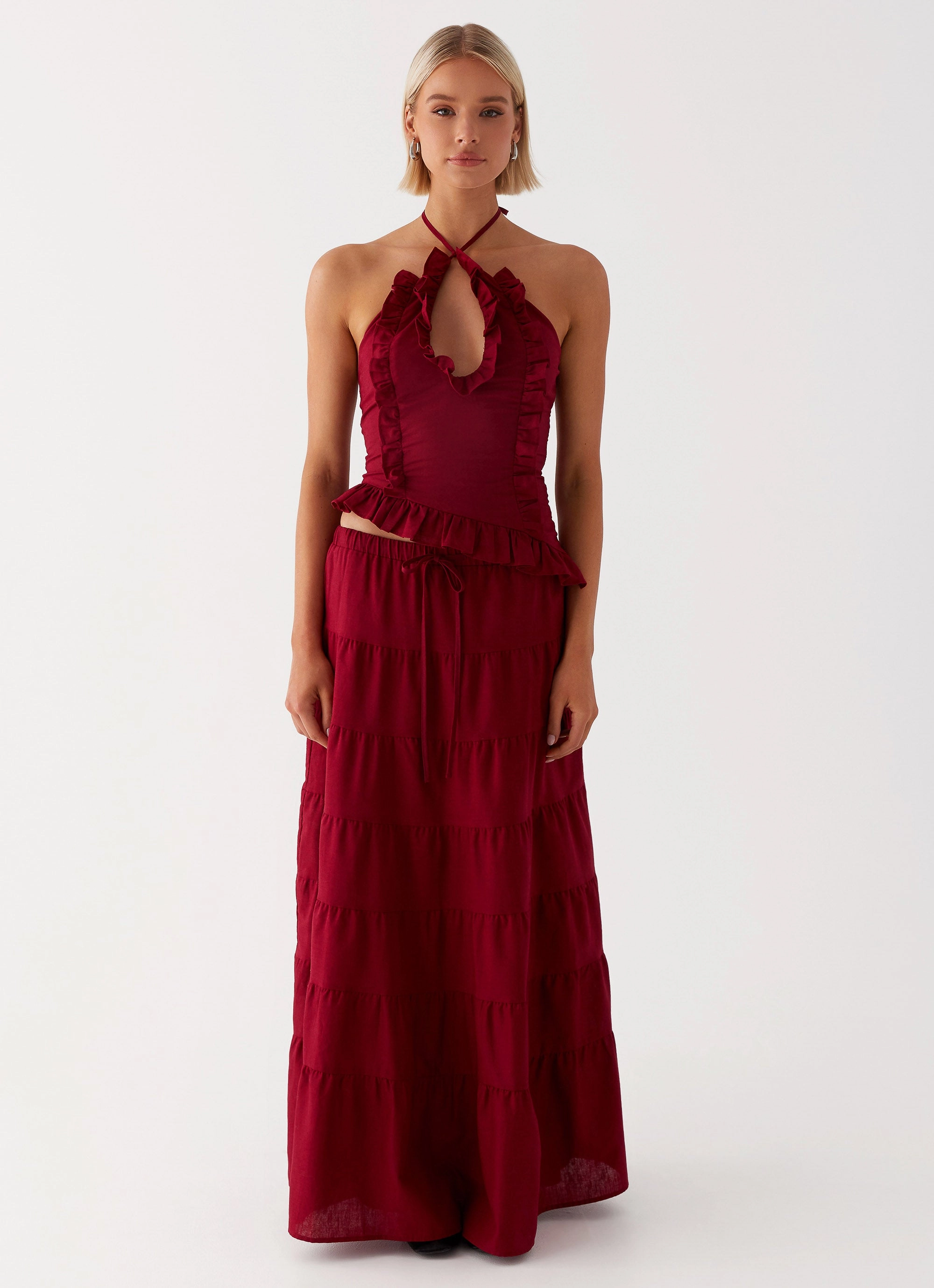 Ruching Details Mariella Linen Maxi Skirt - Maroon