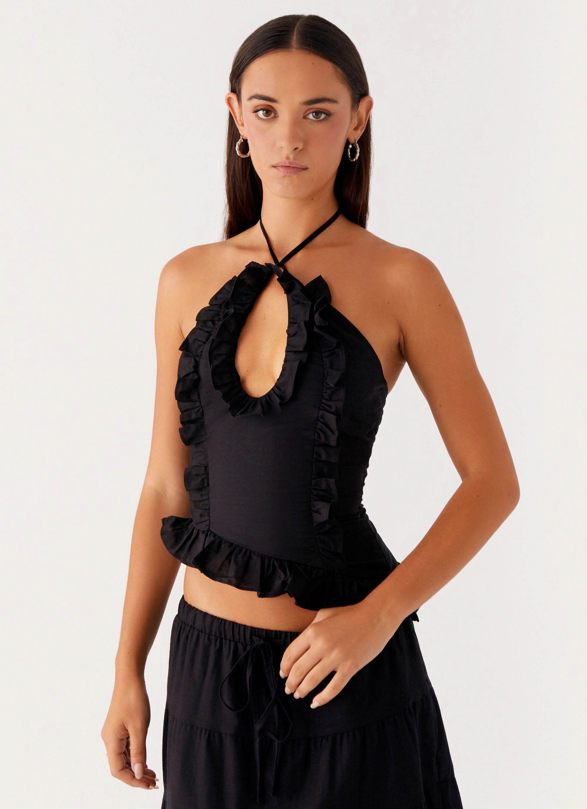 Resort Wear Textured-Surface Mariella Linen Top - Black