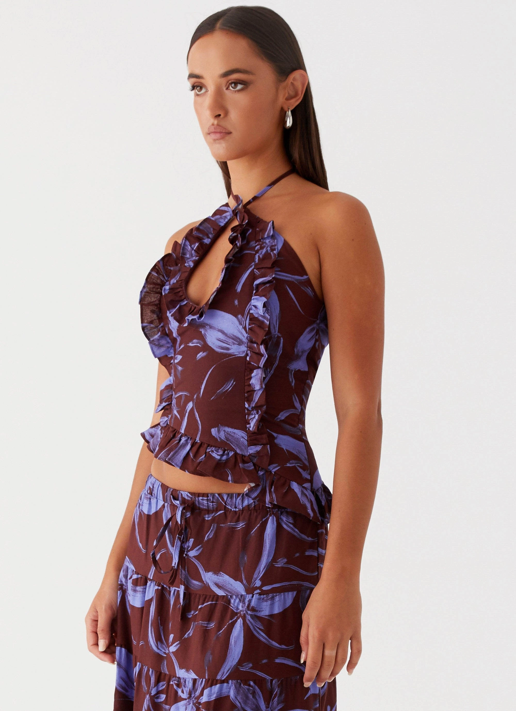 Foldable Cuff Design Lightweight Knit Mariella Linen Top - Purple Brown Floral