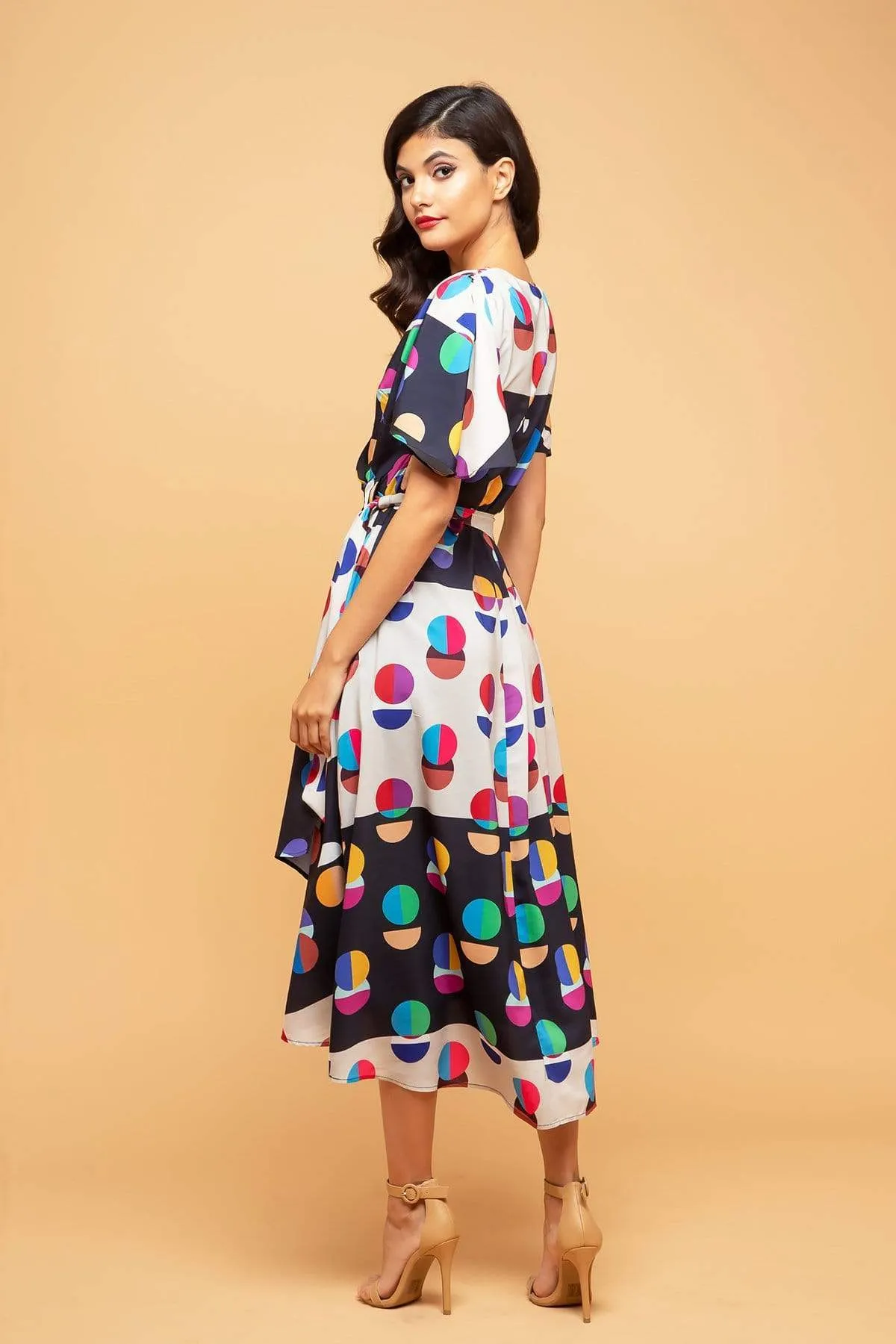 Clasp-Closure Marika Faux Wrap Dress With Dolman Sleeves - Miro Dot