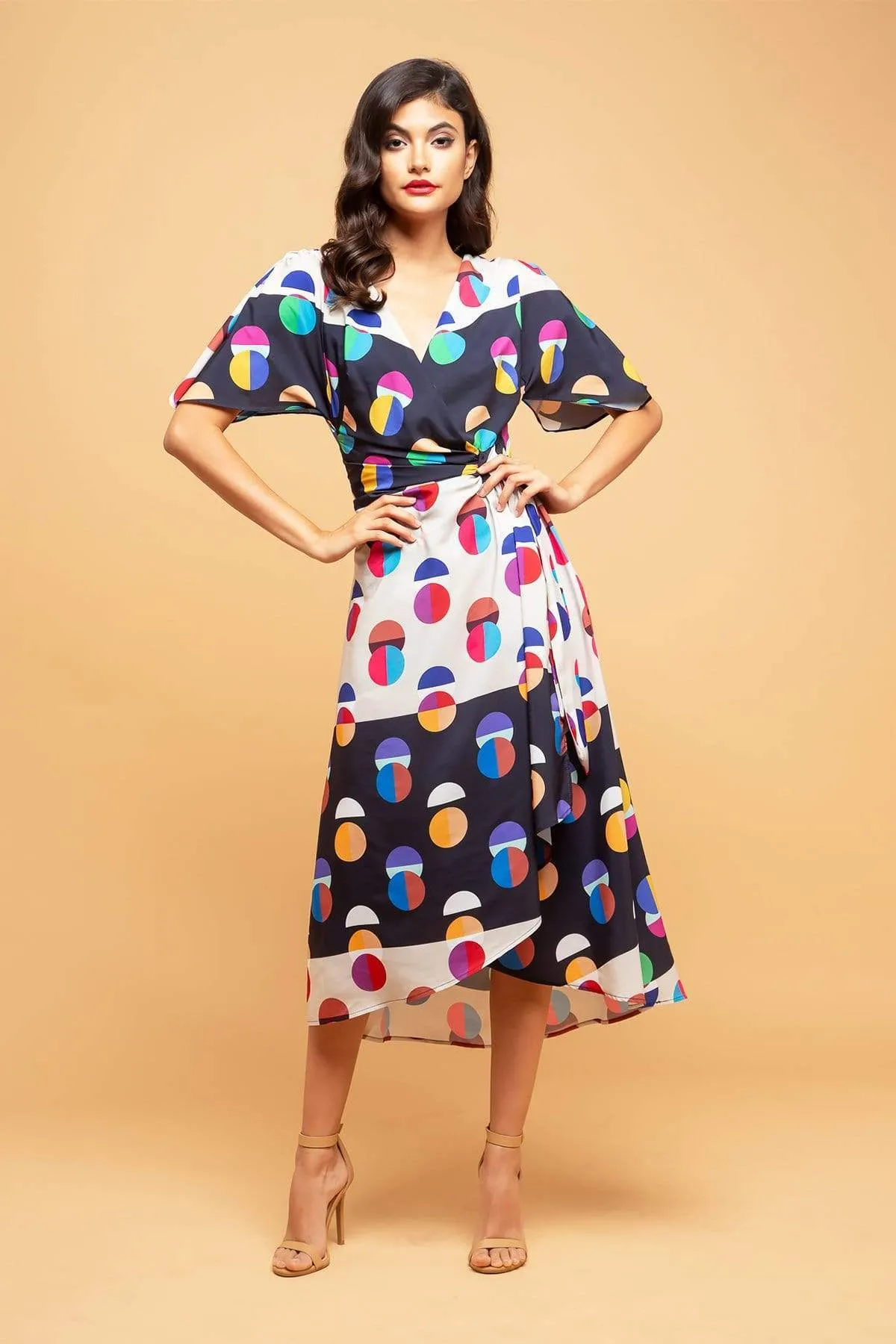 Marika Faux Wrap Dress With Dolman Sleeves - Miro Dot Natural Drape Light Fabrication