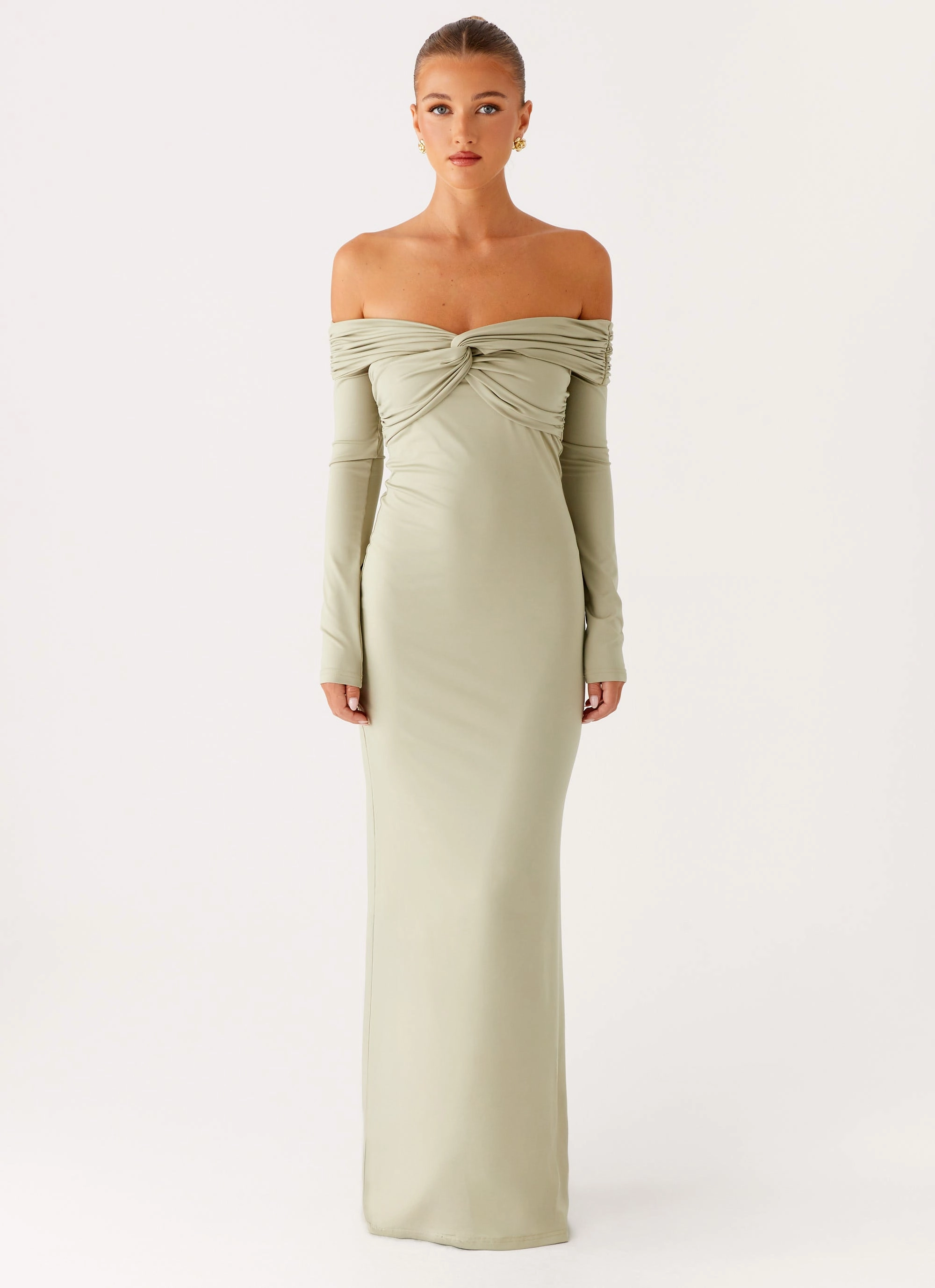 Slit Detail Polite Tone Marla Long Sleeve Maxi Dress - Sage