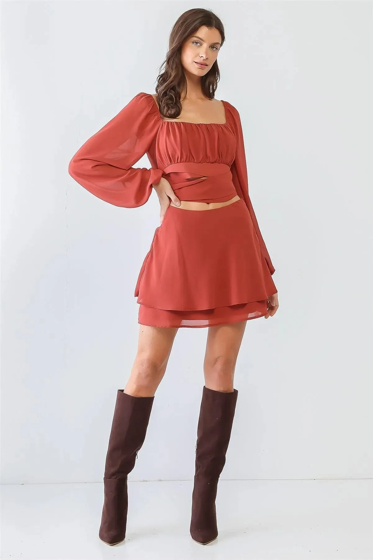 Marsala Around Self-Tie Puff Balloon Long Sleeve Crop Top & Layer Flare Hem Mini Skirt Set /1-2-2-1