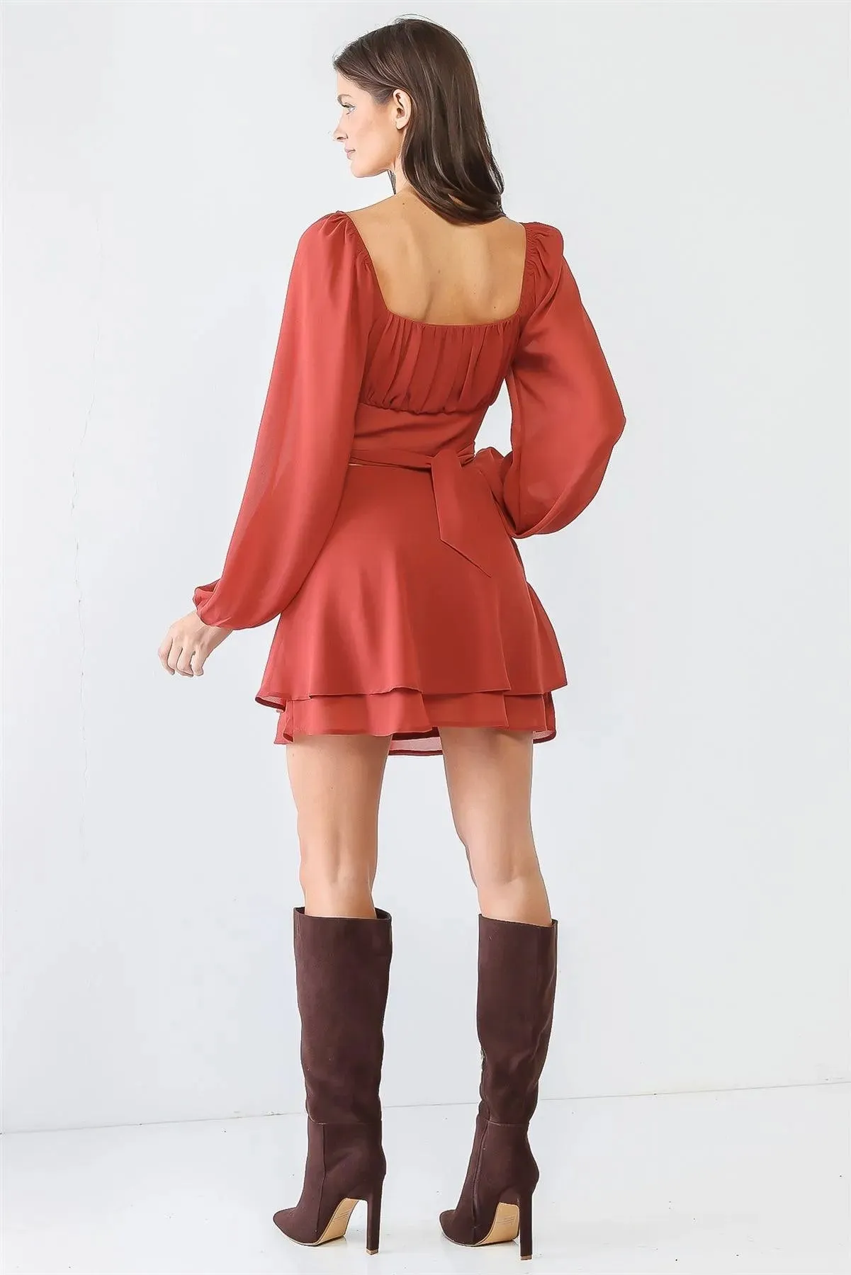 Marsala Around Self-Tie Puff Balloon Long Sleeve Crop Top & Layer Flare Hem Mini Skirt Set /1-2-2-1