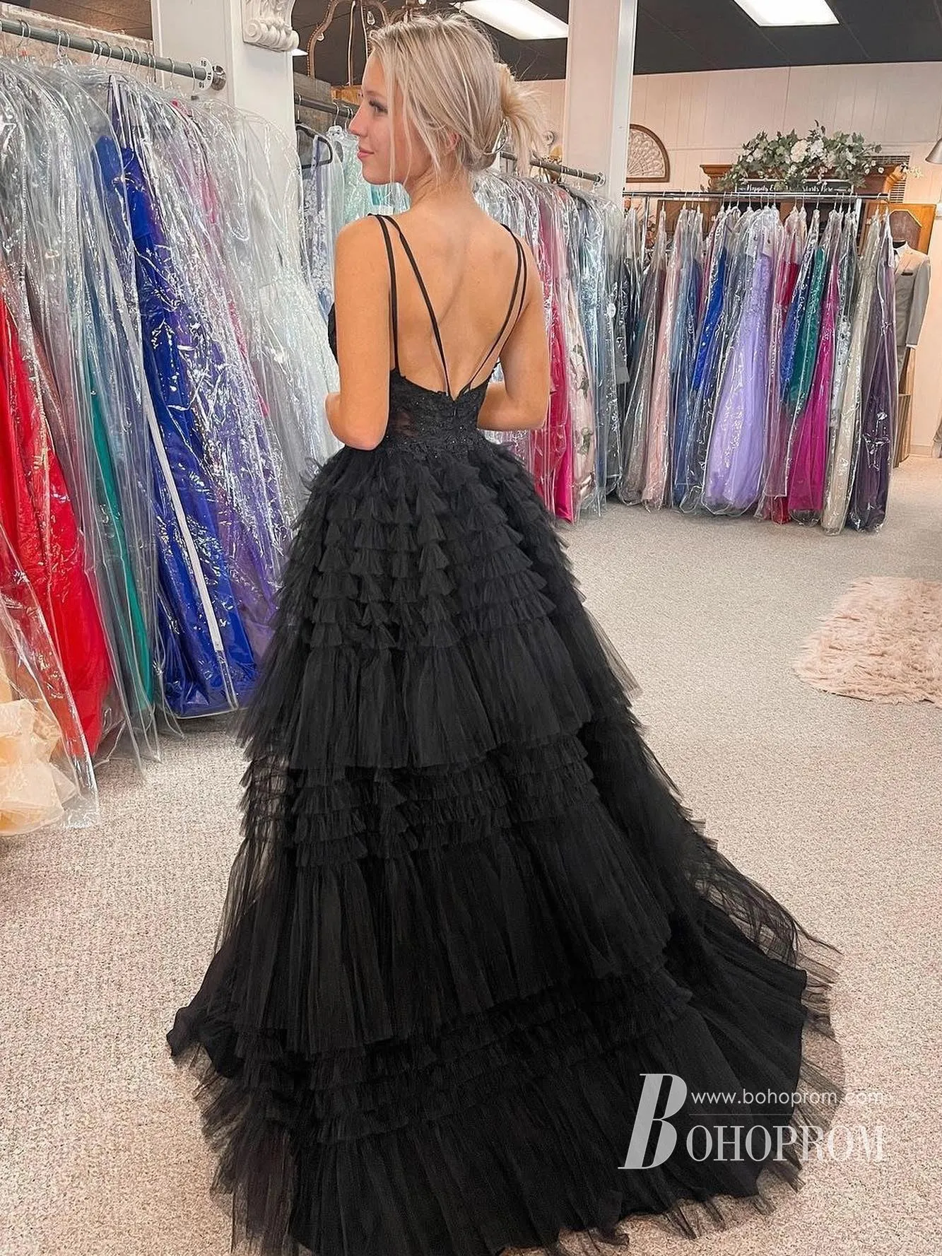 Marvelous Spaghetti Straps High-low Tulle Appliques Beaded A-line Prom Dress PD685