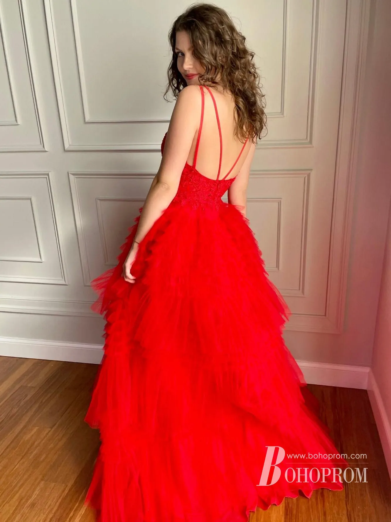 Marvelous Spaghetti Straps High-low Tulle Appliques Beaded A-line Prom Dress PD685