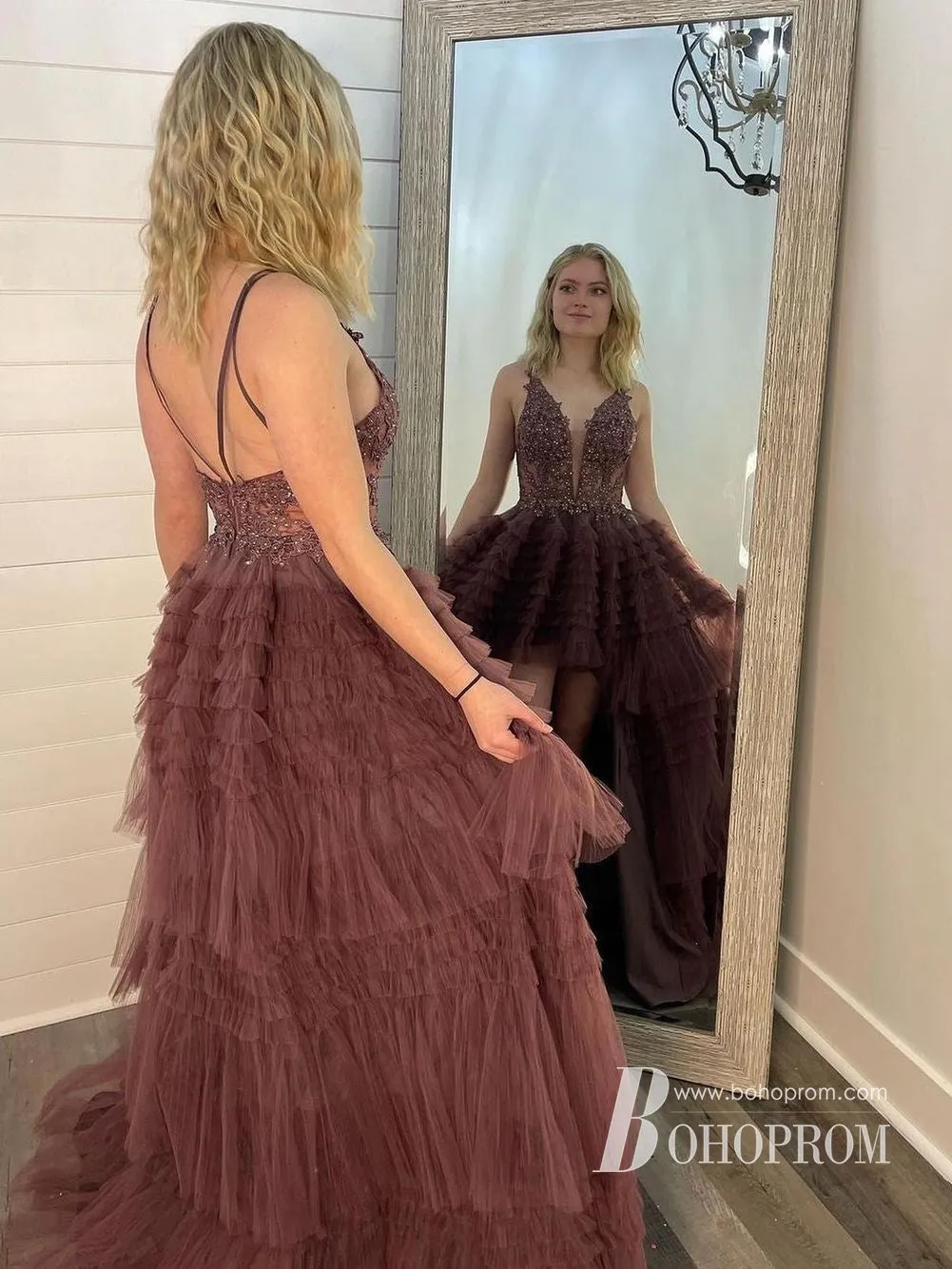 Marvelous Spaghetti Straps High-low Tulle Appliques Beaded A-line Prom Dress PD685