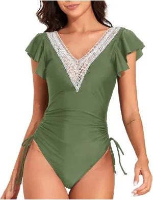 Masbird One Piece Swimsuit Women Tummy Control Bathing Suits Slimming Ruffle Swimsuit One Piece Lace Swimwear