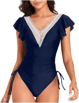 Masbird One Piece Swimsuit Women Tummy Control Bathing Suits Slimming Ruffle Swimsuit One Piece Lace Swimwear
