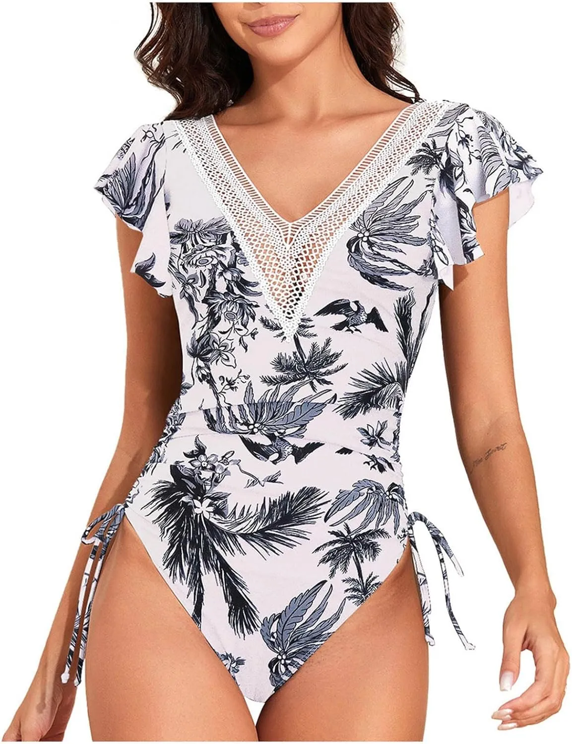 Masbird One Piece Swimsuit Women Tummy Control Bathing Suits Slimming Ruffle Swimsuit One Piece Lace Swimwear