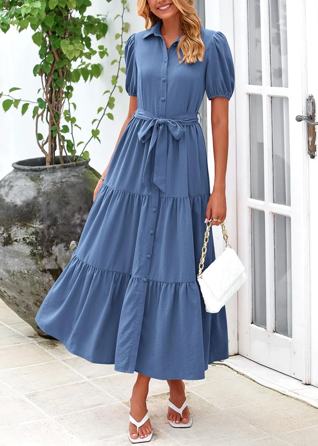 MASCOMODA Womens Summer Dresses 2025 Short Sleeve Maxi Dress Casual V Neck Button Down Tiered A Line Flowy Midi Shirt Dress