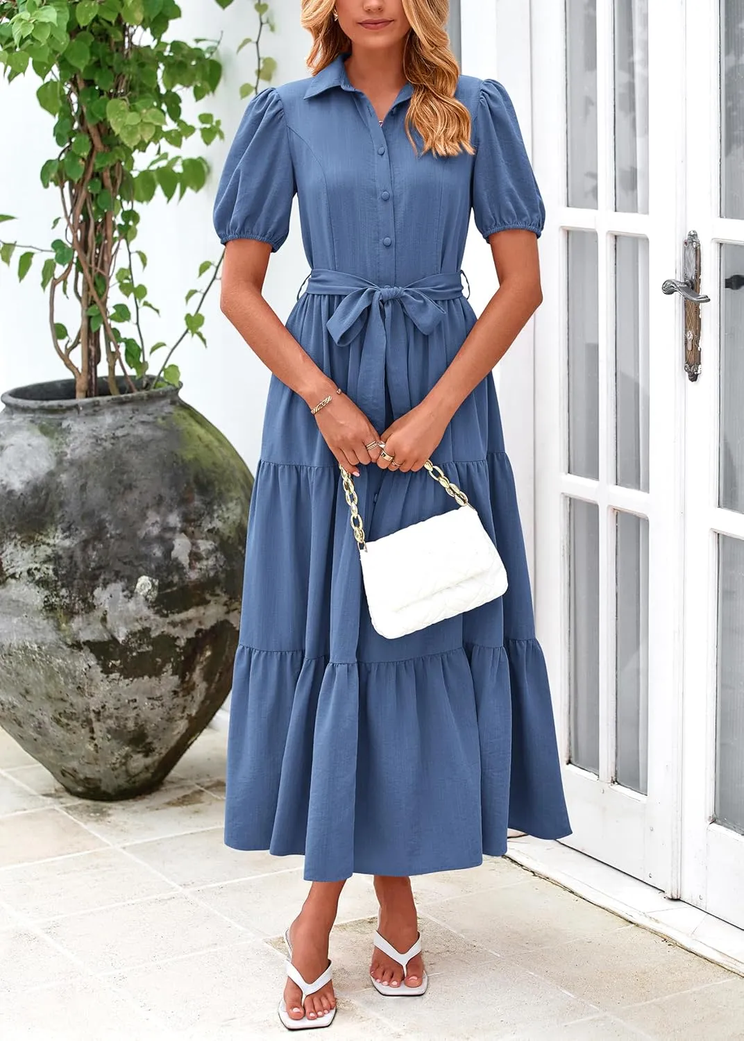 MASCOMODA Womens Summer Dresses 2025 Short Sleeve Maxi Dress Casual V Neck Button Down Tiered A Line Flowy Midi Shirt Dress