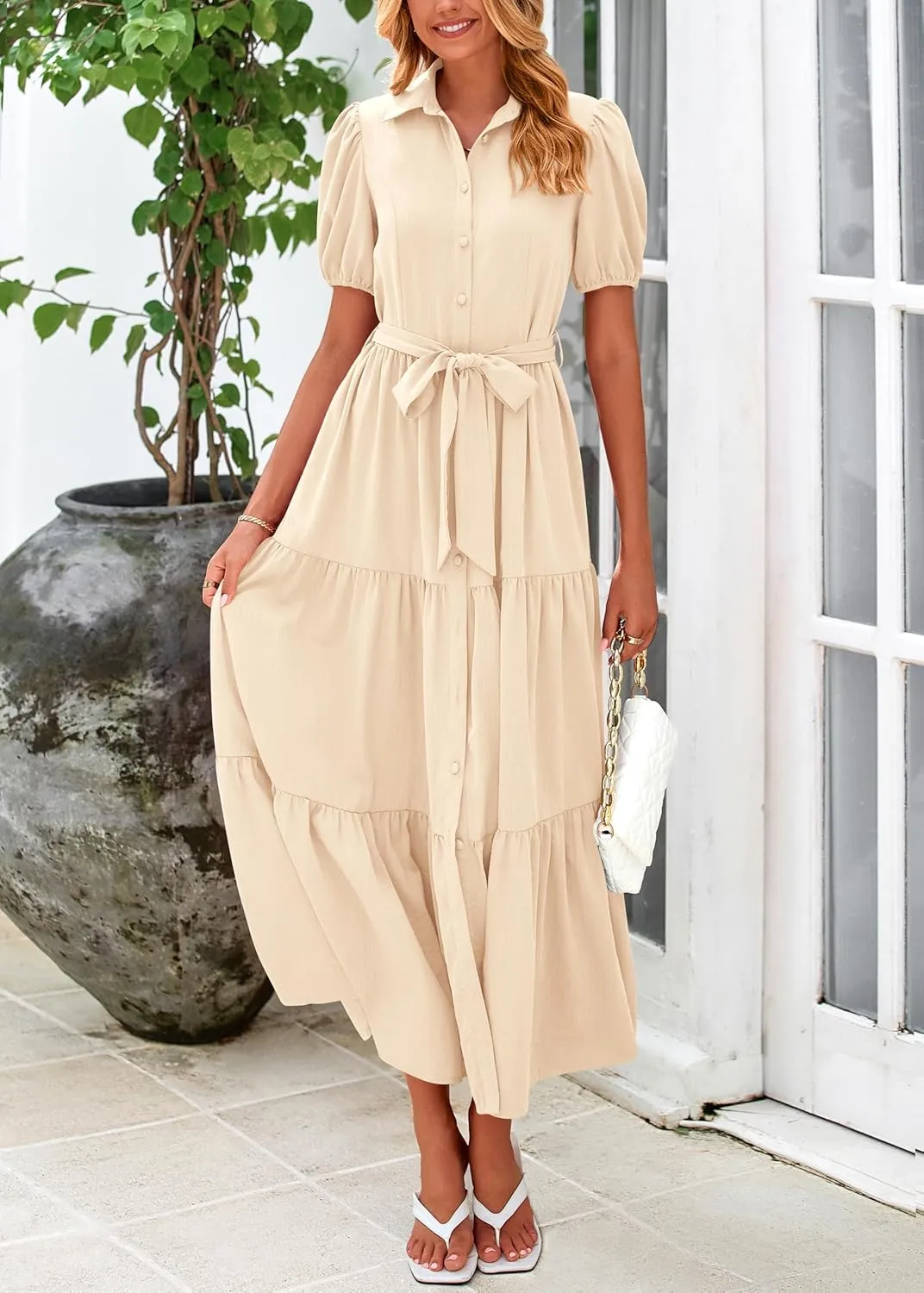 MASCOMODA Womens Summer Dresses 2025 Short Sleeve Maxi Dress Casual V Neck Button Down Tiered A Line Flowy Midi Shirt Dress
