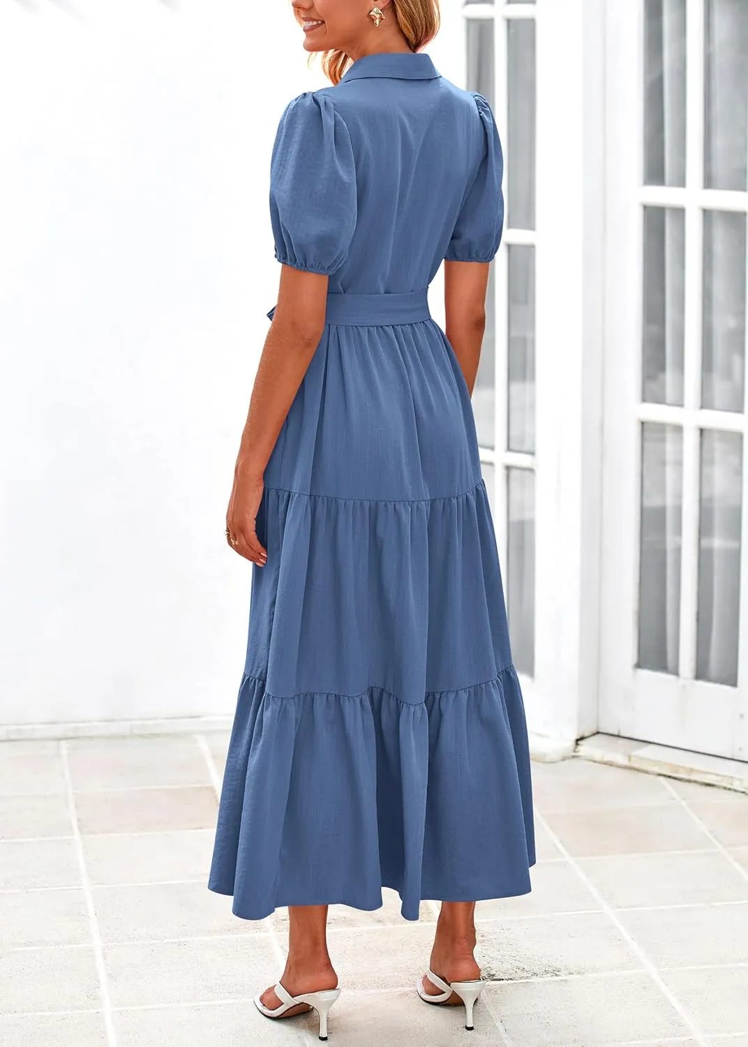 MASCOMODA Womens Summer Dresses 2025 Short Sleeve Maxi Dress Casual V Neck Button Down Tiered A Line Flowy Midi Shirt Dress