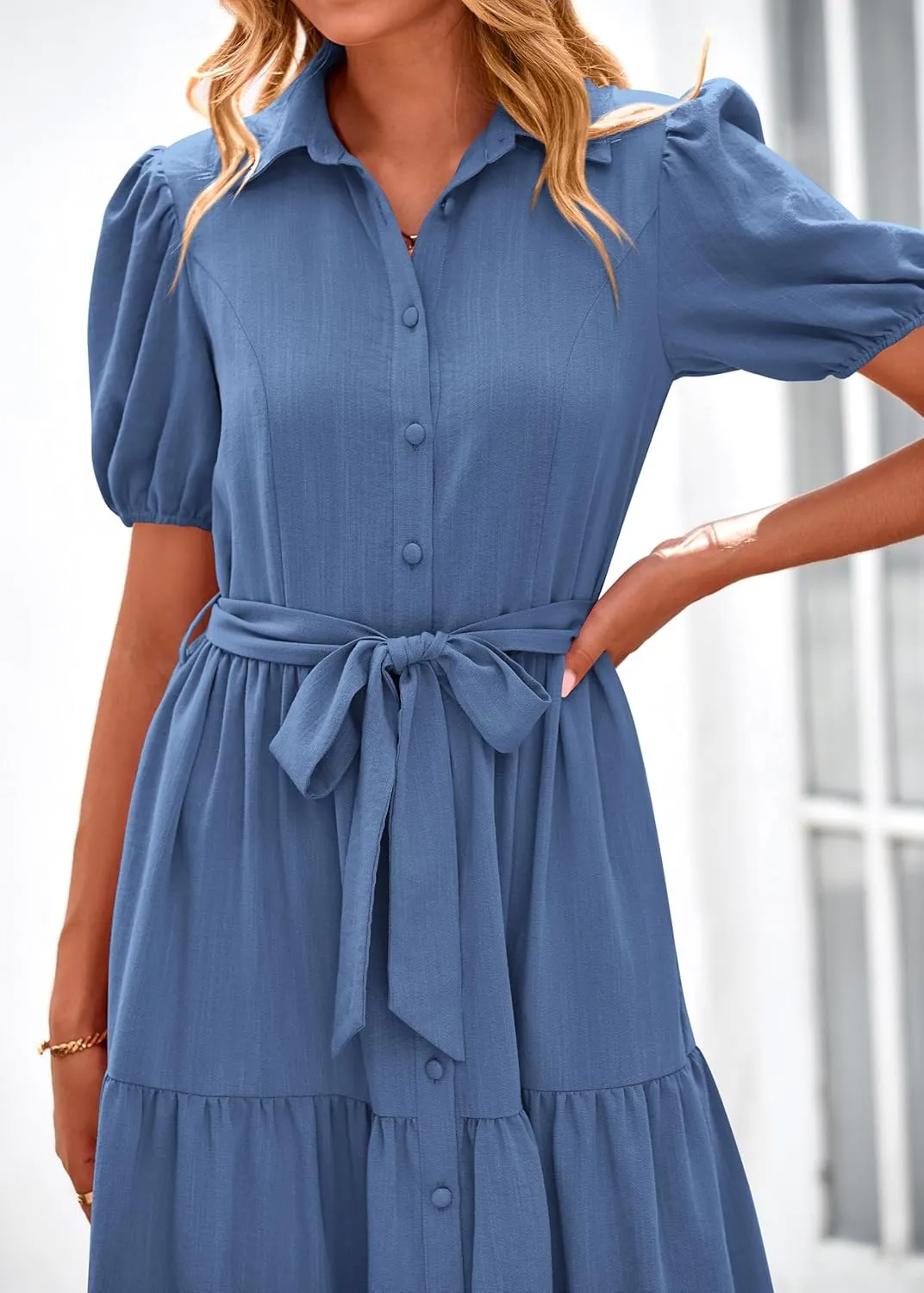 MASCOMODA Womens Summer Dresses 2025 Short Sleeve Maxi Dress Casual V Neck Button Down Tiered A Line Flowy Midi Shirt Dress