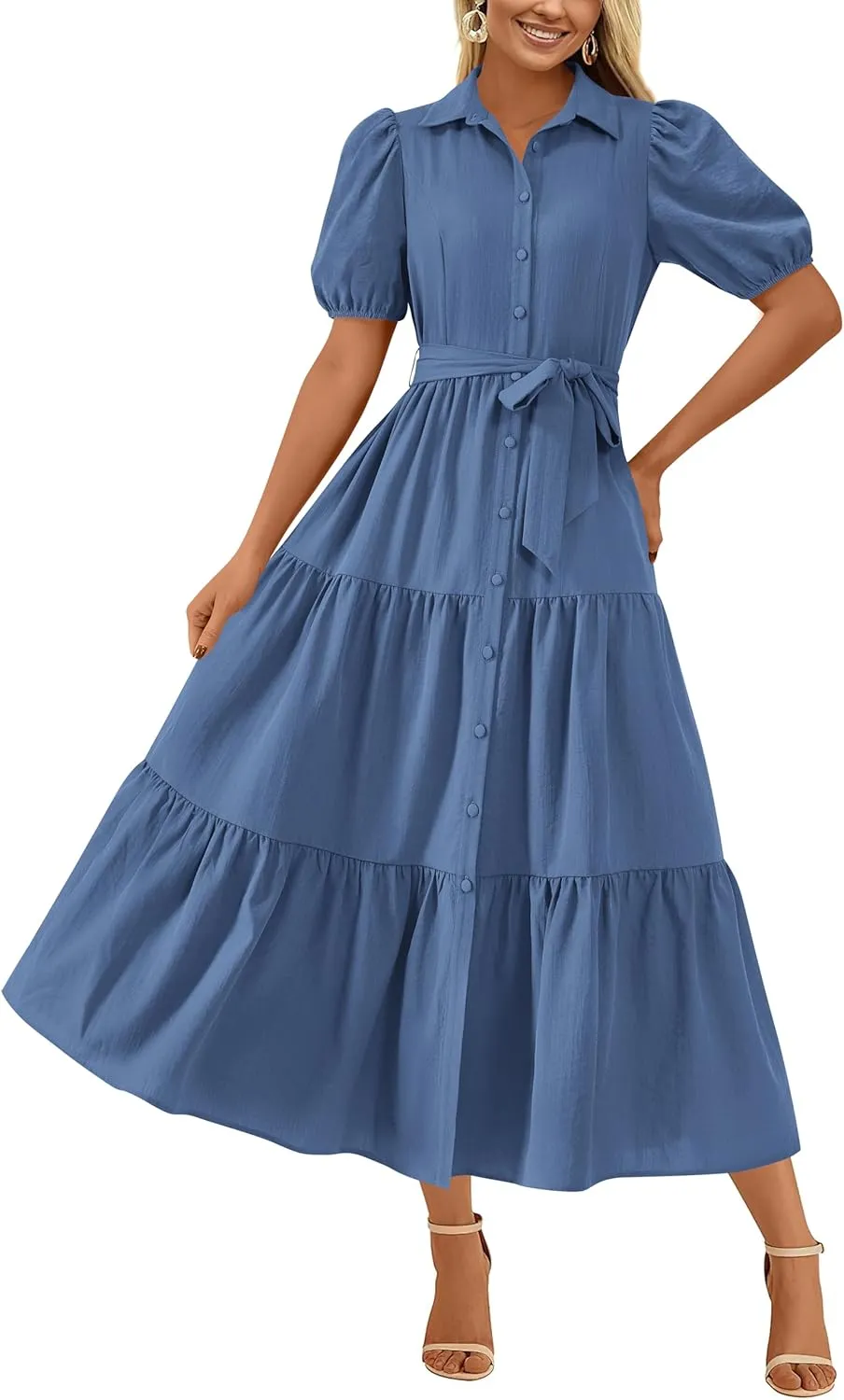 MASCOMODA Womens Summer Dresses 2025 Short Sleeve Maxi Dress Casual V Neck Button Down Tiered A Line Flowy Midi Shirt Dress
