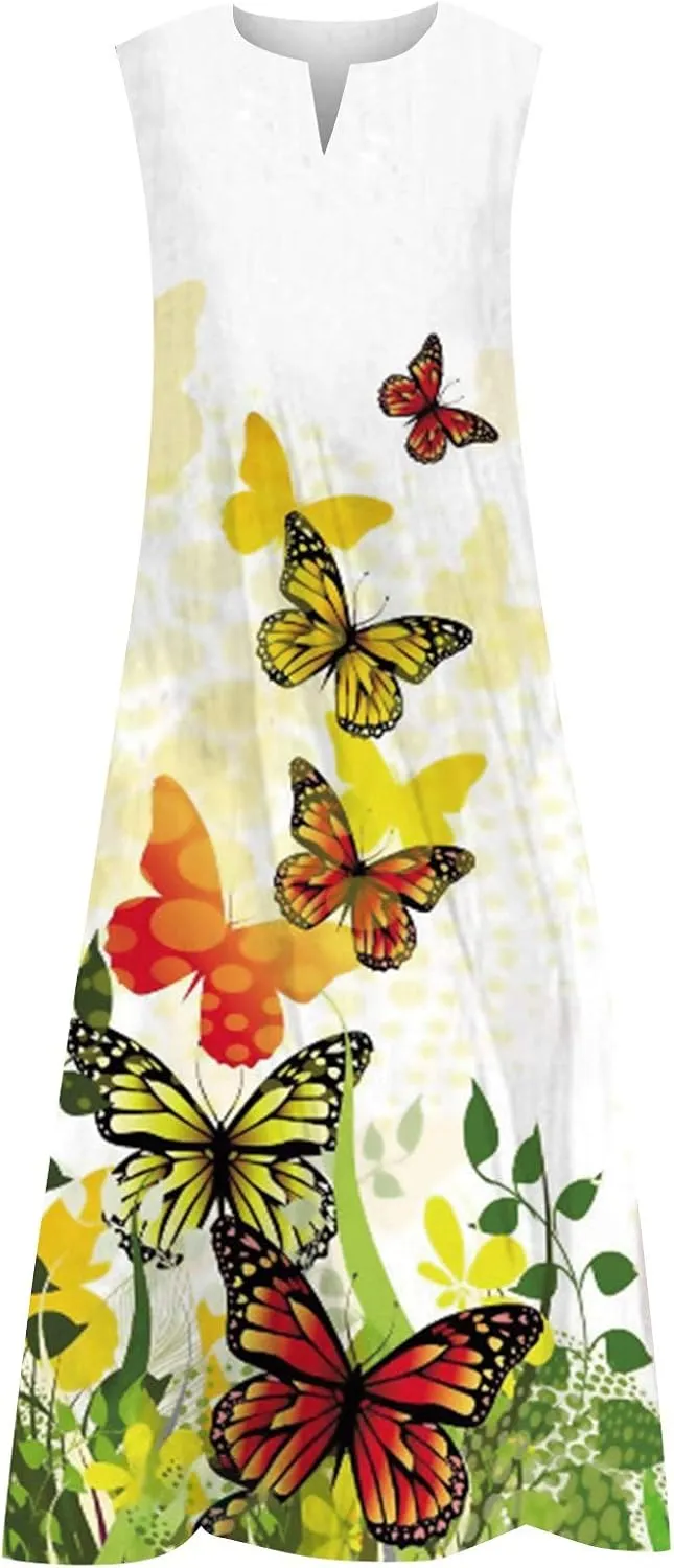 Maxi Dresses for Women 2024 Casual Plus Size Printed Sundresses with Pockets Trendy V Neck Sun Dress Summer Dress