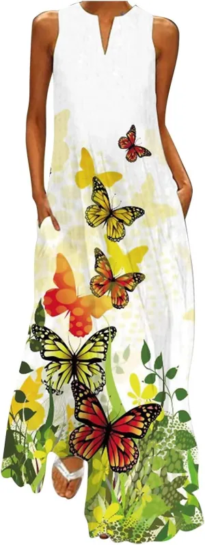 Maxi Dresses for Women 2024 Casual Plus Size Printed Sundresses with Pockets Trendy V Neck Sun Dress Summer Dress