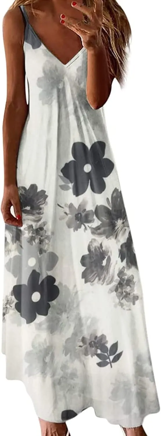 Maxi Dresses for Women 2024 Sexy V Neck Spaghetti Strap Sun Dress Floral Print Flowy Boho Beach Dress Summer Dresses