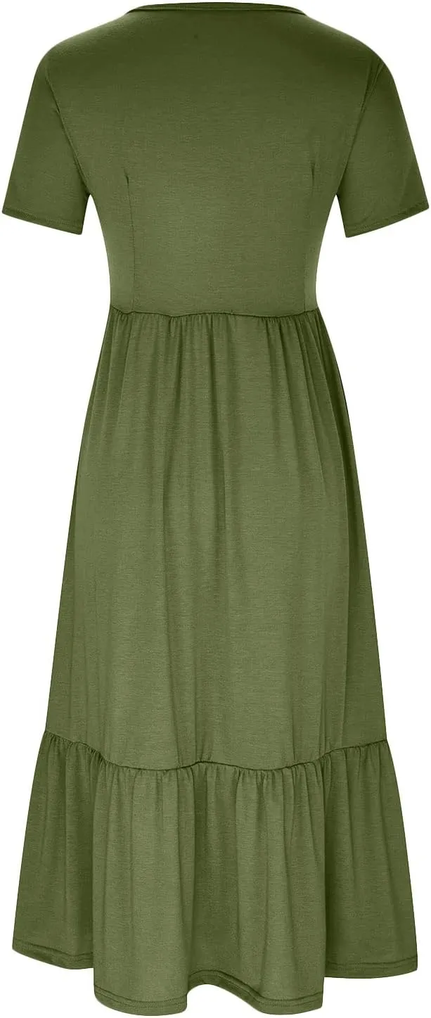 Maxi Dresses for Women 2025 Summer Short Sleeve Crewneck Maxi Dresses Ruffle Tiered Layered Swing Dress Sundress