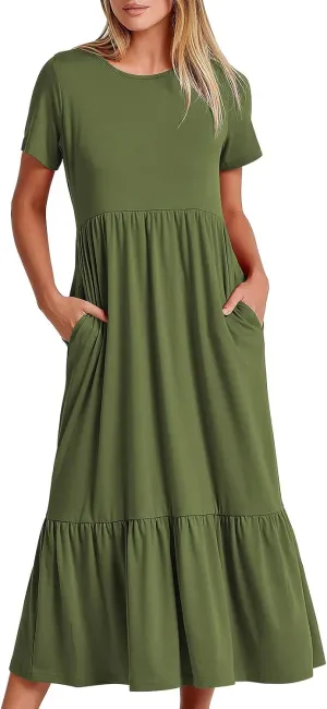 Maxi Dresses for Women 2025 Summer Short Sleeve Crewneck Maxi Dresses Ruffle Tiered Layered Swing Dress Sundress