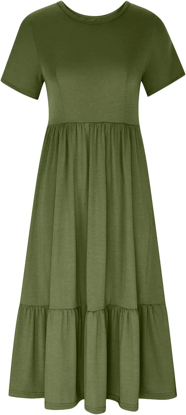 Maxi Dresses for Women 2025 Summer Short Sleeve Crewneck Maxi Dresses Ruffle Tiered Layered Swing Dress Sundress